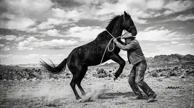 Black and white documentary photo of a cowboy on a rearing horse
