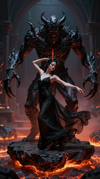 Dark fantasy woman dancing with a lava demon