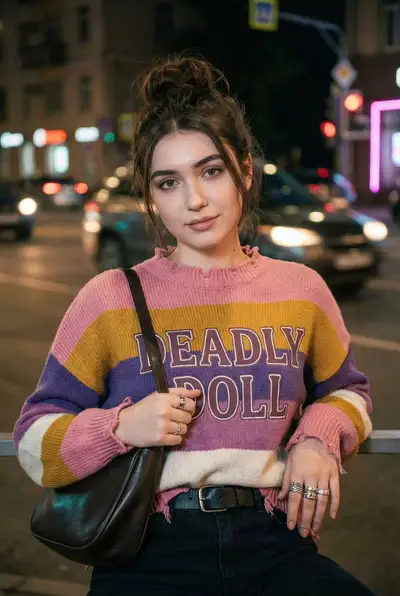 Editorial Night Street Portrait with Deadly Doll Sweater
