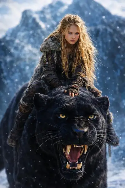 Fantasy Warrior Woman on Saber-Toothed Lion