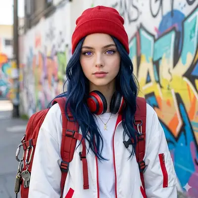 Stylish Girl with Blue Hair and Red Beanie