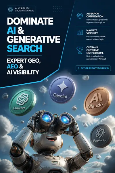AI search visibility agency poster with robot and AI logos