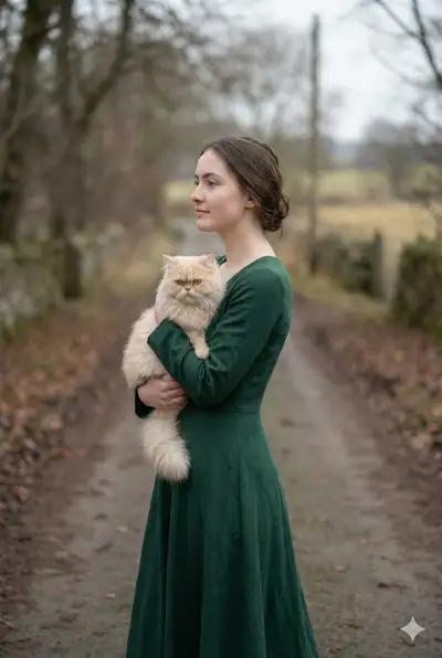 Cinematic Winter Portrait Walking with a Persian Cat