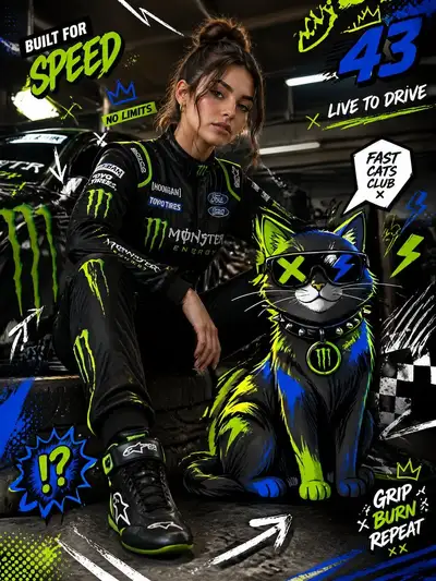 Motorsport fashion editorial with cartoon cat mashup