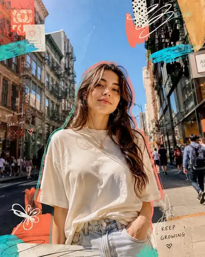 Urban street portrait with mixed-media collage overlay