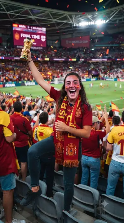 Hincha español eufórico celebrando en un estadio repleto