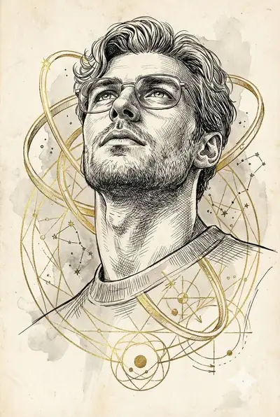 Retrato a nanquim com tramas cruzadas e constelações geométricas douradas