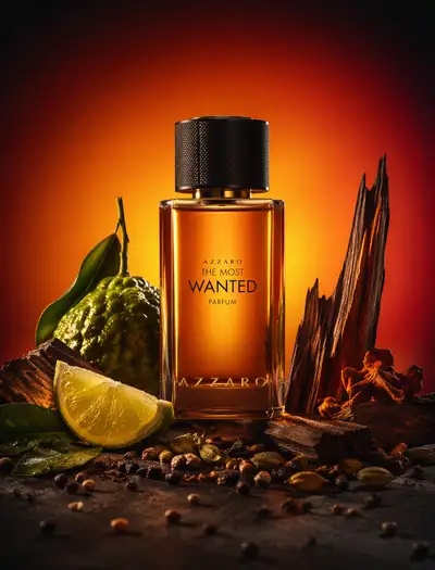 Editorial perfume photography poster with warm radial backdrop