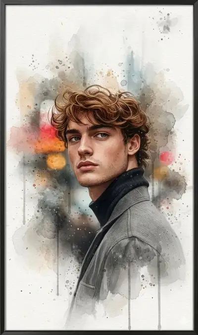 Watercolor Portrait of Young Man with Bokeh