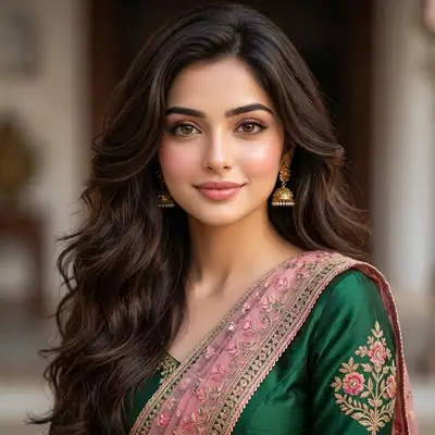Close-up portrait of a South Asian woman in traditional green attire