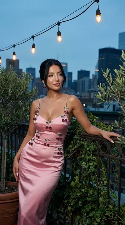Luxury Fashion Editorial: Pink Satin Dress with Diamond Cherries