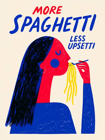 Woman eating spaghetti with vintage 'more spaghetti less upsetti' typography