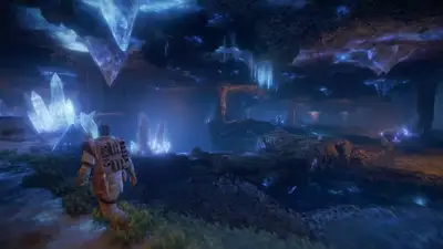 Lone Explorer in Glowing Crystal Cave