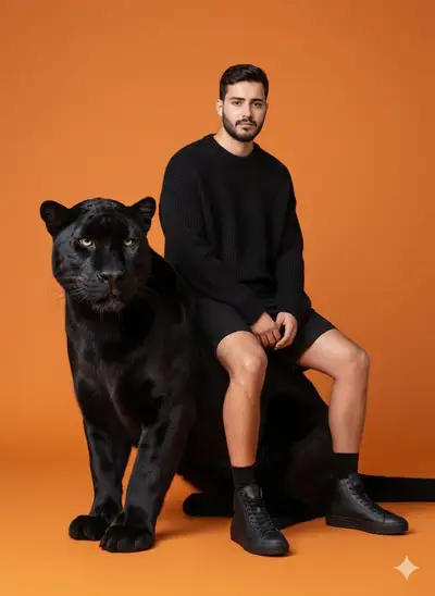 Retrato editorial de alta moda con pantera negra gigante
