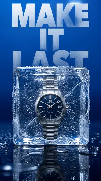 Luxury watch frozen in crystal ice cube campaign poster