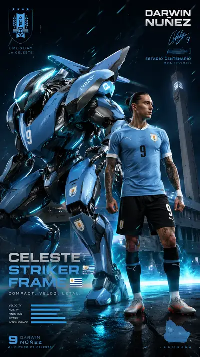Uruguay World Cup mech poster: Celeste Striker Frame with Nunez