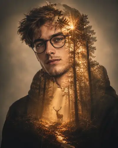 Cinematic Double Exposure Portrait with Forest and Deer