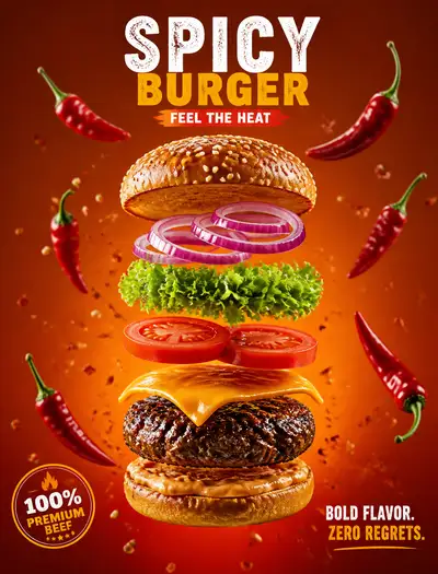 Deconstructed floating gourmet cheeseburger advertisement