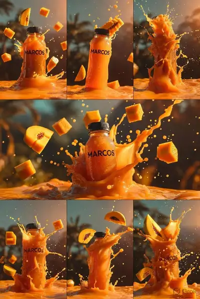 Papaya juice bottle splash storyboard prompt