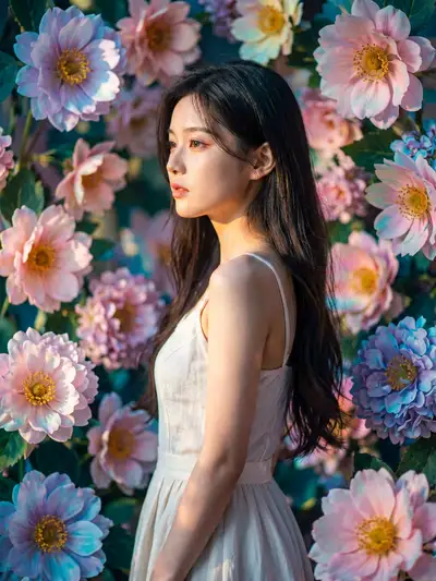 Dreamy anime illustration portrait with floral background
