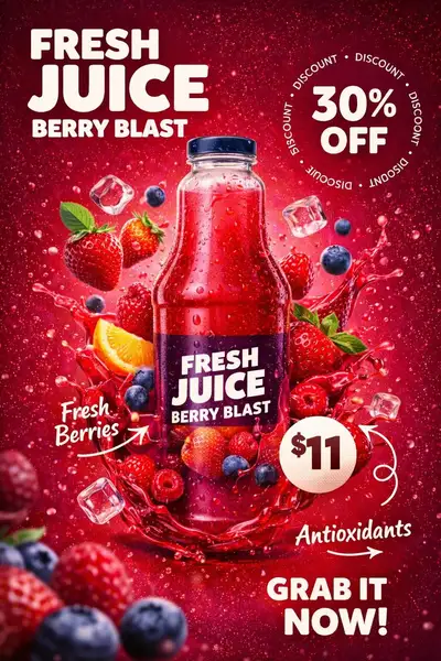 Juice bottle promotional poster with price and CTA