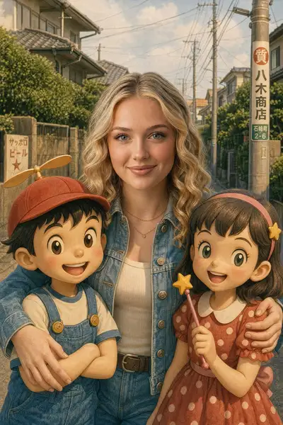 Nostalgic Japanese Street Portrait with Retro Cartoon Kids