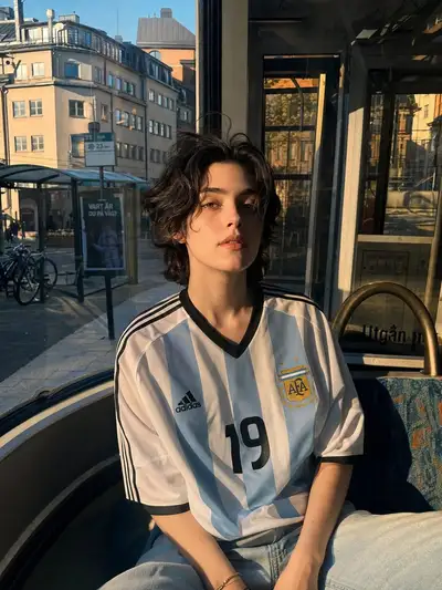 Portrait spontané à l'heure dorée dans un bus urbain en maillot argentin