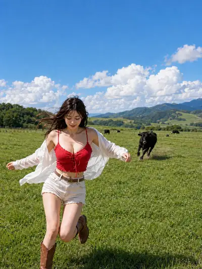 Femme fuyant une vache dans un pâturage