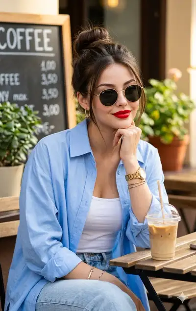 Portrait chic dans un café avec latte glacé, heure dorée