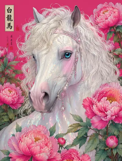 White horse portrait surrounded by pink peonies