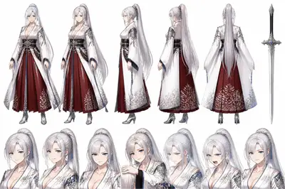 Anime Swordswoman Character Turnaround Sheet Prompt