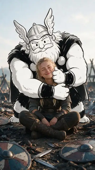 Viking woman with Thor doodle mascot portrait prompt