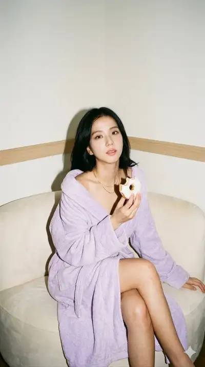 Photorealistic Amateur Snapshot of Jisoo in Lavender Bathrobe