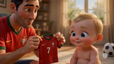 ピクサー風、父と赤ちゃんのサッカーユニフォームの瞬間動画