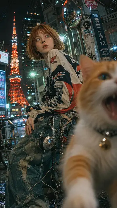 Chaotic Tokyo Fashion Editorial with Cat Photobomb