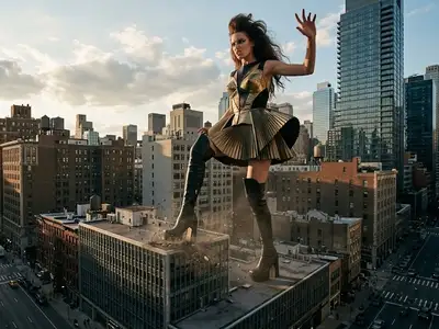 Giant Woman Fashion Editorial in Urban Cityscape