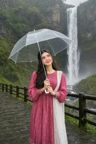 Photorealistic portrait of a woman walking before a rainy waterfall