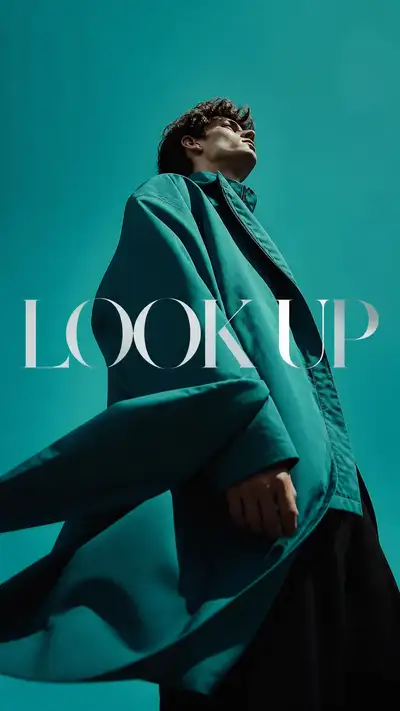 Teal jacket low-angle wind fashion poster