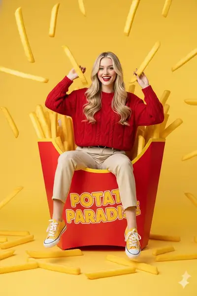 Surreal portrait sitting inside a giant french-fry carton