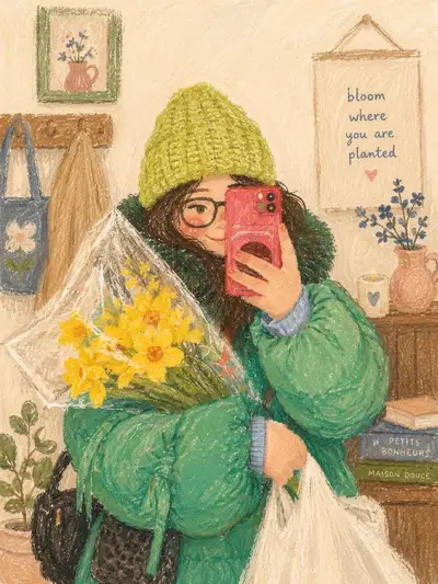 温馨油画棒风镜中自拍插画