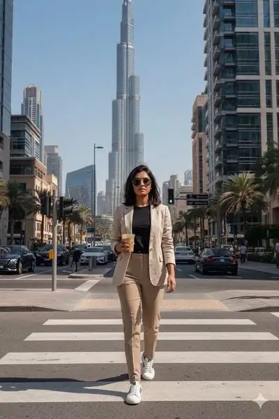 Streetstyle-Porträt an einem Dubai-Zebrastreifen mit Burj Khalifa im Hintergrund