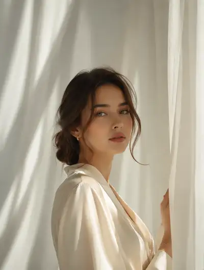 Woman in cream blouse by white linen curtains editorial portrait