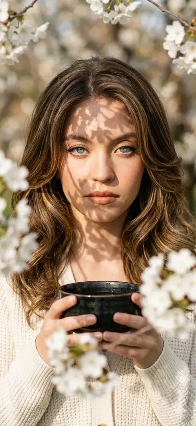 Portrait en gros plan encadré de fleurs tenant un bol à thé en céramique