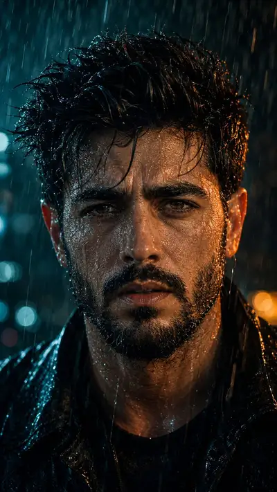 Cinematic Rain-Soaked Character Portrait