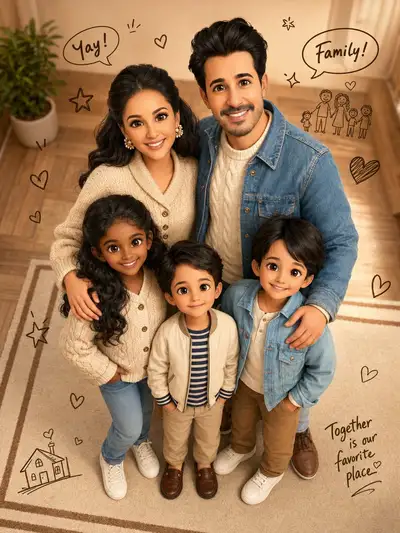 Joyful South Asian Family Portrait with Doodle Overlays