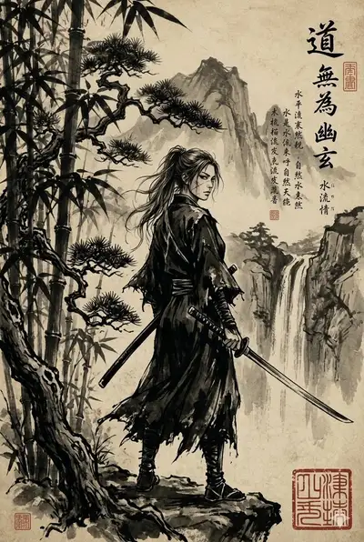 Ink-Wash Samurai Ronin Landscape