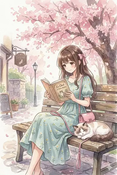 Watercolor Anime: Reading Under Cherry Blossom