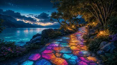 Luminous Lakeside Stone Path at Blue Hour