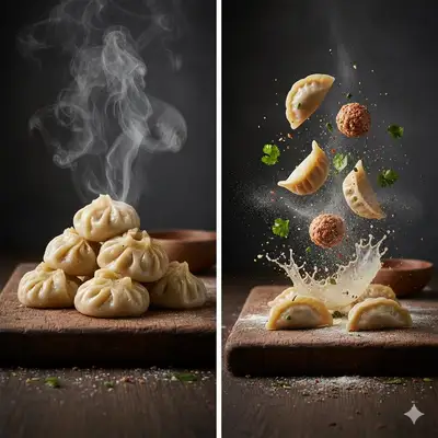 Cinematic momo dumpling duo food photography