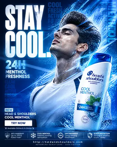 Cool Menthol shampoo billboard ad with icy airflow effects
